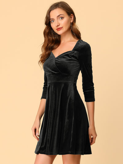 Halloween Velvet Sweetheart Neck 3/4 Sleeve Fit and Flare Party Dress