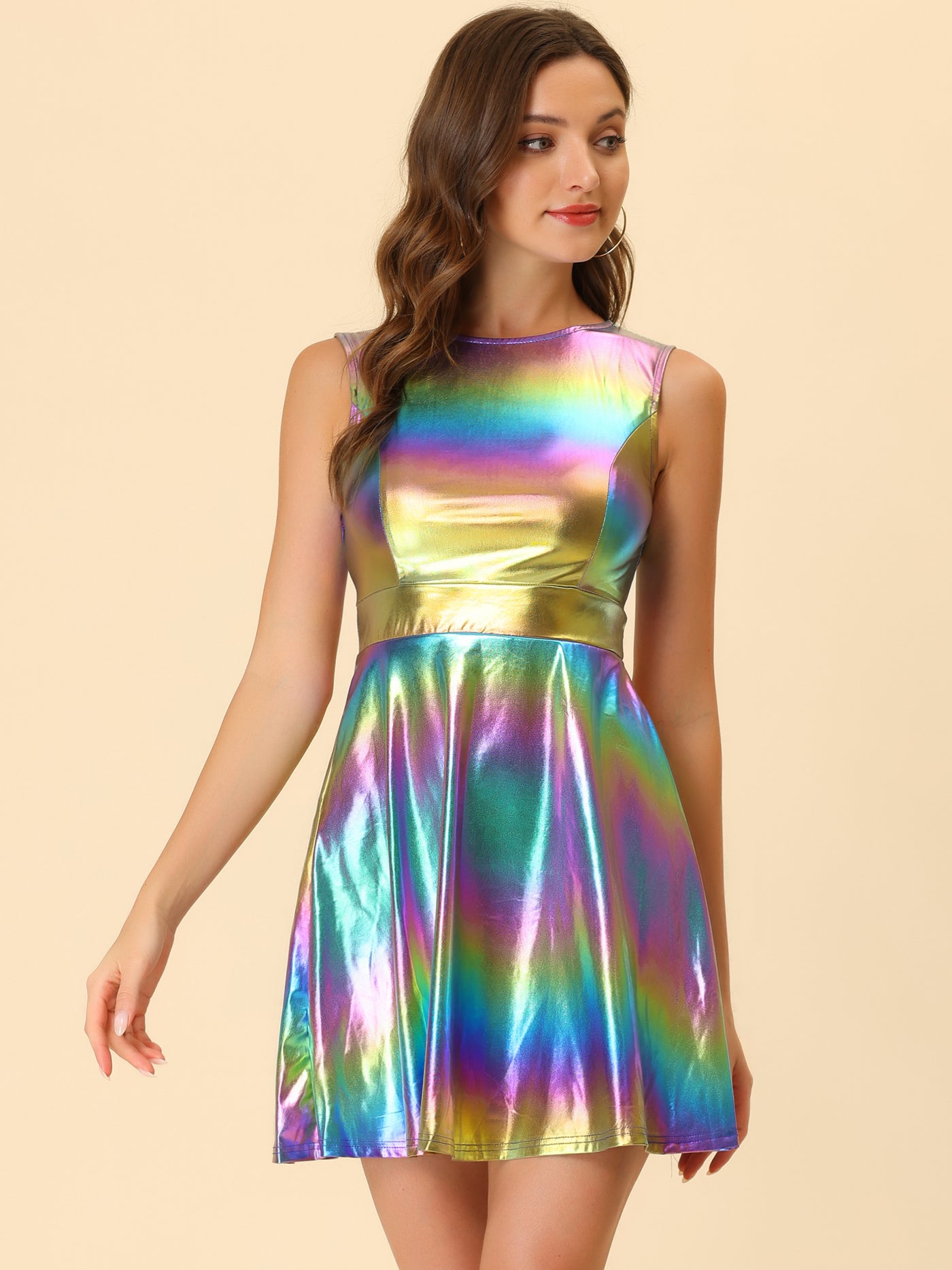 Allegra K Sleeveless Metallic A-Line Club Party Holographic Mini Dress