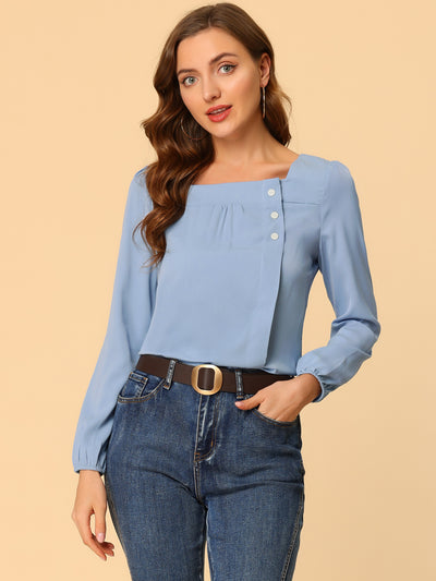 Long Sleeve Casual Solid Square Neck Top