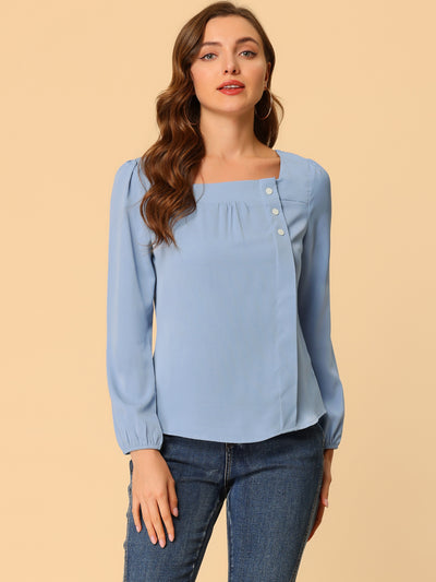 Long Sleeve Casual Solid Square Neck Top