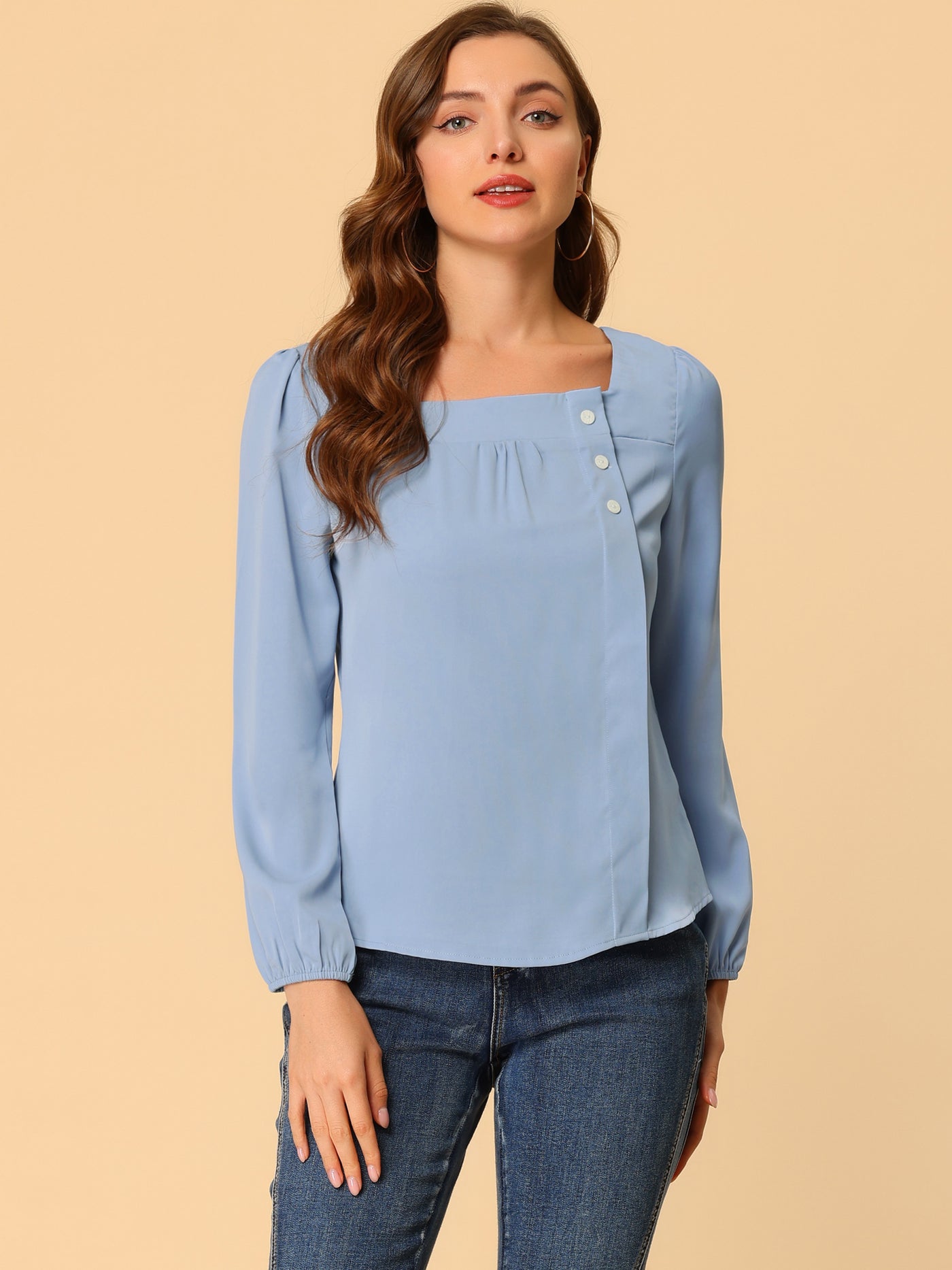 Allegra K Long Sleeve Casual Solid Square Neck Top