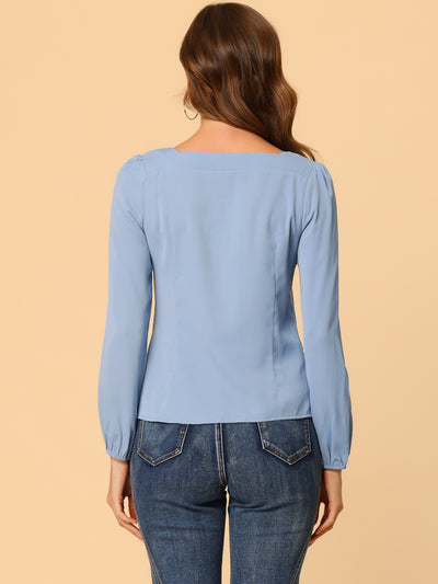 Long Sleeve Casual Solid Square Neck Top