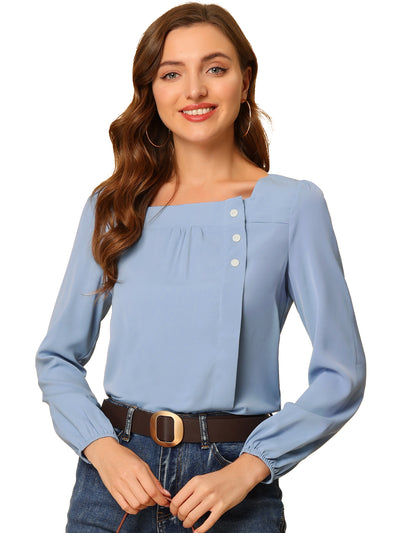 Long Sleeve Casual Solid Square Neck Top