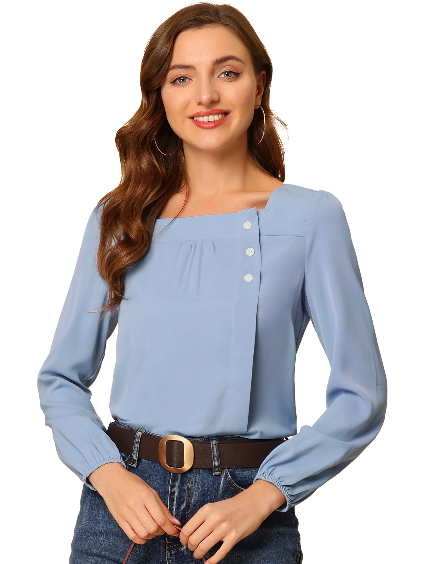 Allegra K Long Sleeve Casual Solid Square Neck Top