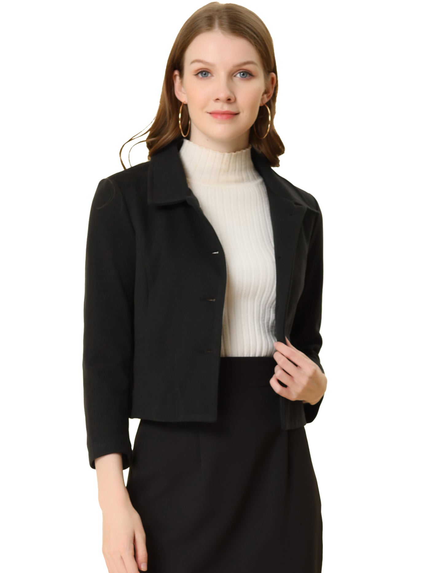 Allegra K Pointed Collar Single Breasted Slant Pocket Cropped Pea Coat