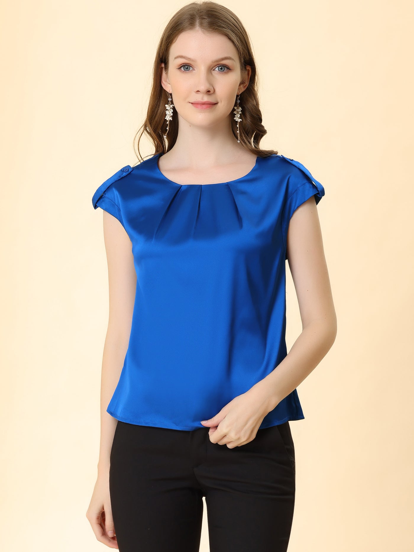 Allegra K Satin Cap Sleeve Top Pleated Casual Work Office Blouse