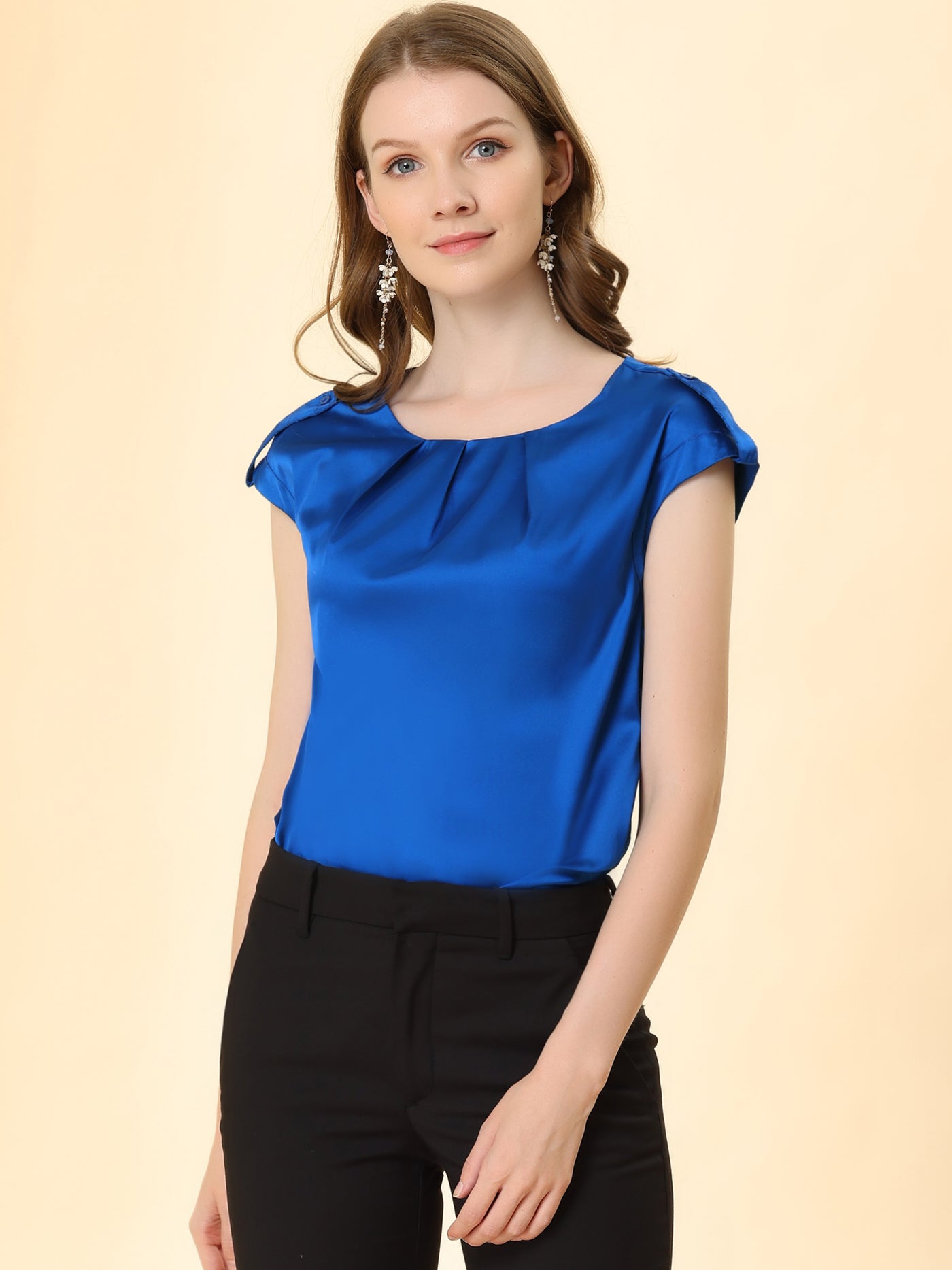 Allegra K Satin Cap Sleeve Top Pleated Casual Work Office Blouse