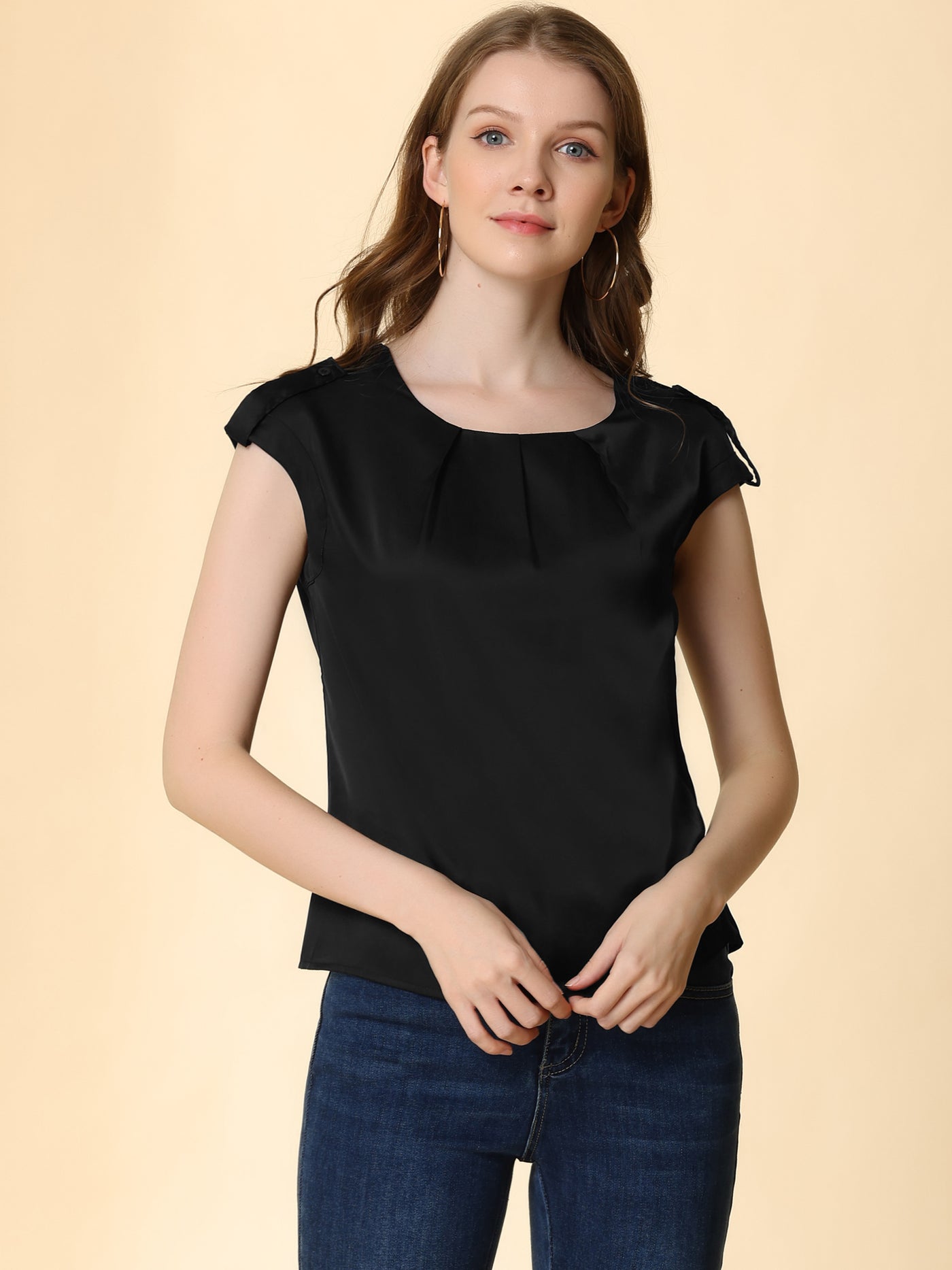 Allegra K Satin Cap Sleeve Top Pleated Casual Work Office Blouse