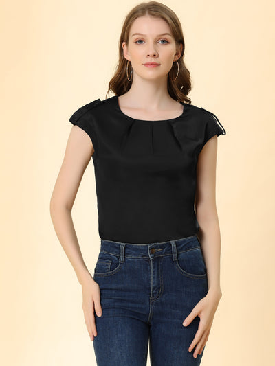 Satin Cap Sleeve Top Pleated Casual Work Office Blouse