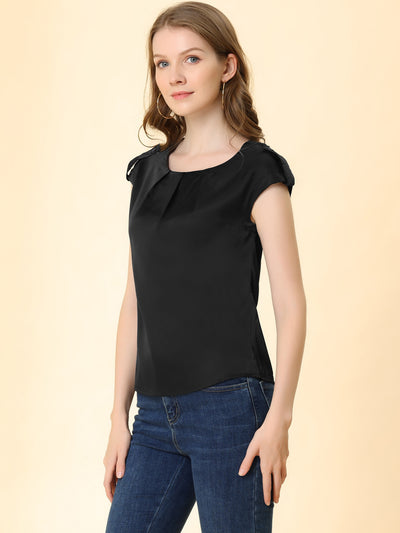 Satin Cap Sleeve Top Pleated Casual Work Office Blouse