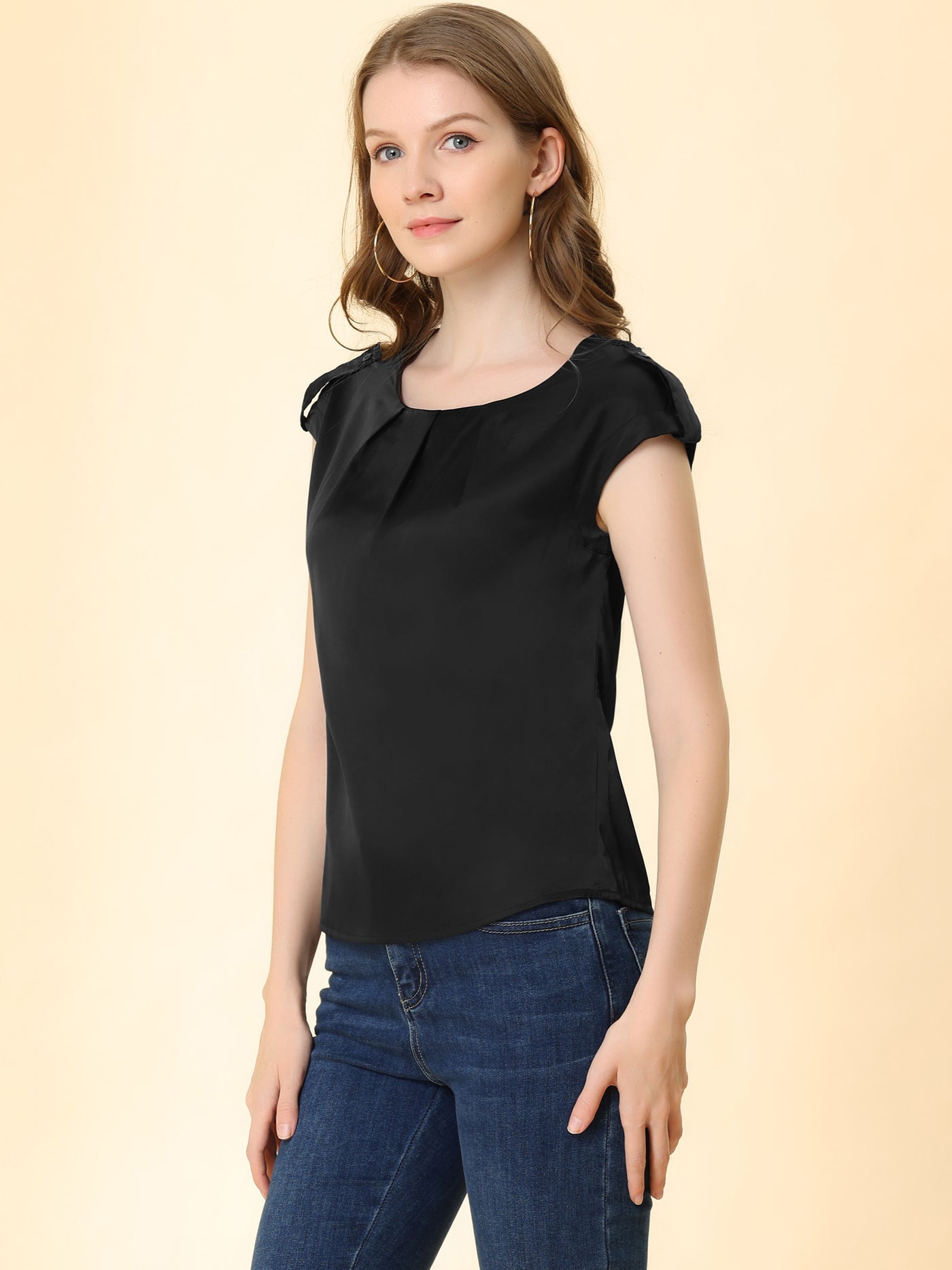 Allegra K Satin Cap Sleeve Top Pleated Casual Work Office Blouse