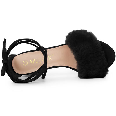 Faux Fur Open Toe Lace Up Strappy Chunky Heel Sandals