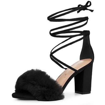 Faux Fur Open Toe Lace Up Strappy Chunky Heel Sandals