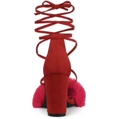 Faux Fur Open Toe Lace Up Strappy Chunky Heel Sandals