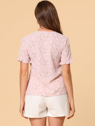 Summer Floral Print V Neck Short Sleeve Button Front Blouse Top