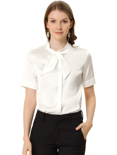 Work Tie Neck Short Sleeve Satin Elegant Button Down Shirt