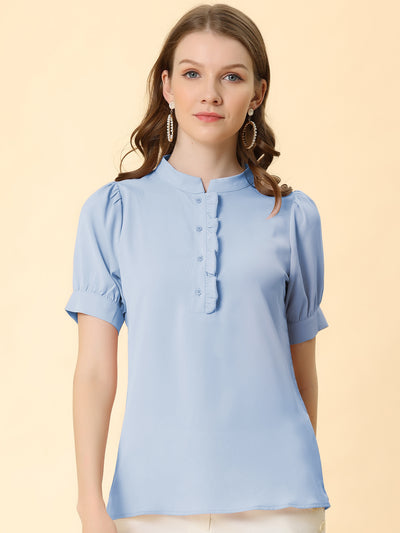 Work Office Top Puff Sleeve Half Placket Ruffled Shirt Blouse