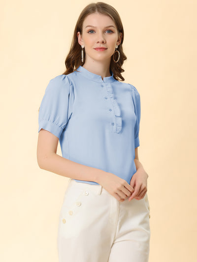 Work Office Top Puff Sleeve Half Placket Ruffled Shirt Blouse