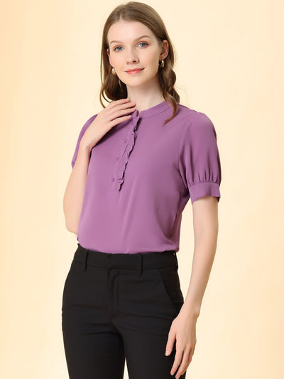 Work Office Top Puff Sleeve Half Placket Ruffled Shirt Blouse