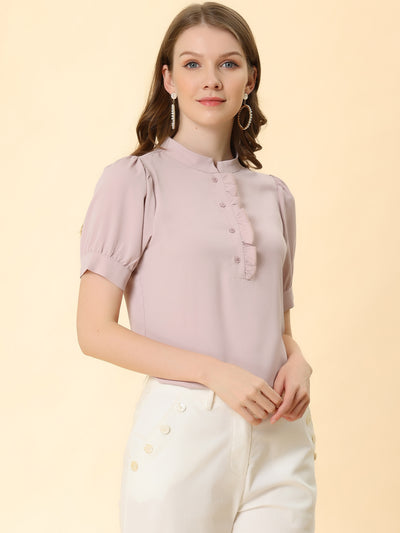 Work Office Top Puff Sleeve Half Placket Ruffled Shirt Blouse