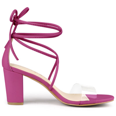 Open Toe Lace Up Clear Strap Block Heel Sandals