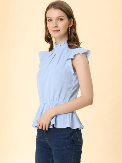 Stand Collar Pleated Frilled Ruffles Solid Sleeveless Peplum Top