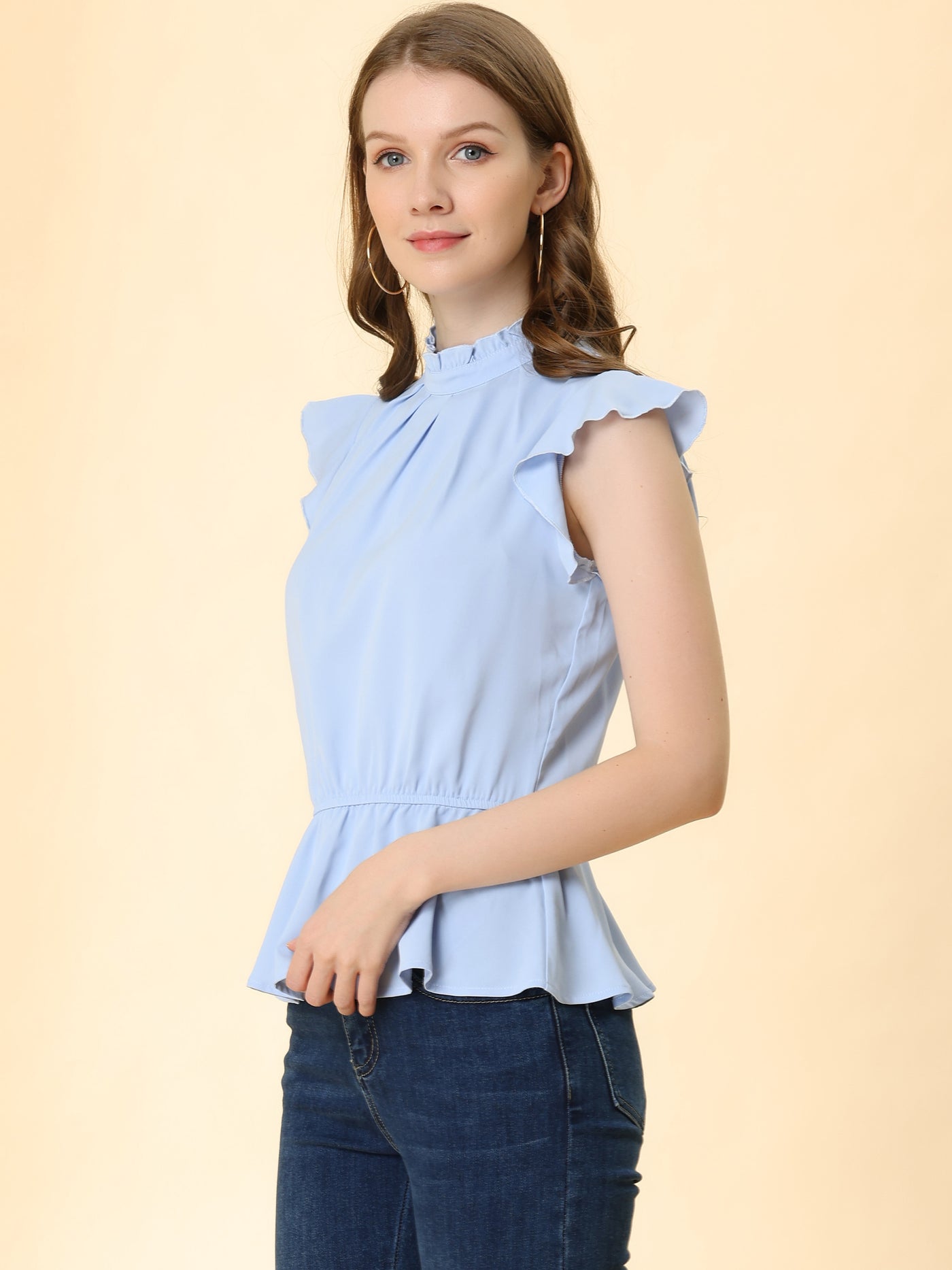 Allegra K Stand Collar Pleated Frilled Ruffles Solid Sleeveless Peplum Top