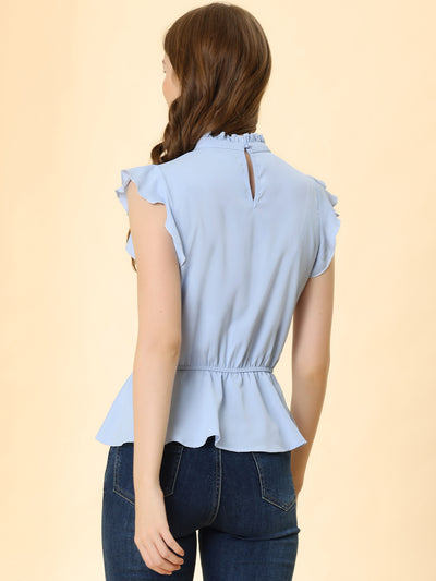 Stand Collar Pleated Frilled Ruffles Solid Sleeveless Peplum Top