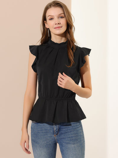 Stand Collar Pleated Frilled Ruffles Solid Sleeveless Peplum Top