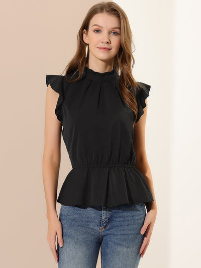 Stand Collar Pleated Frilled Ruffles Solid Sleeveless Peplum Top