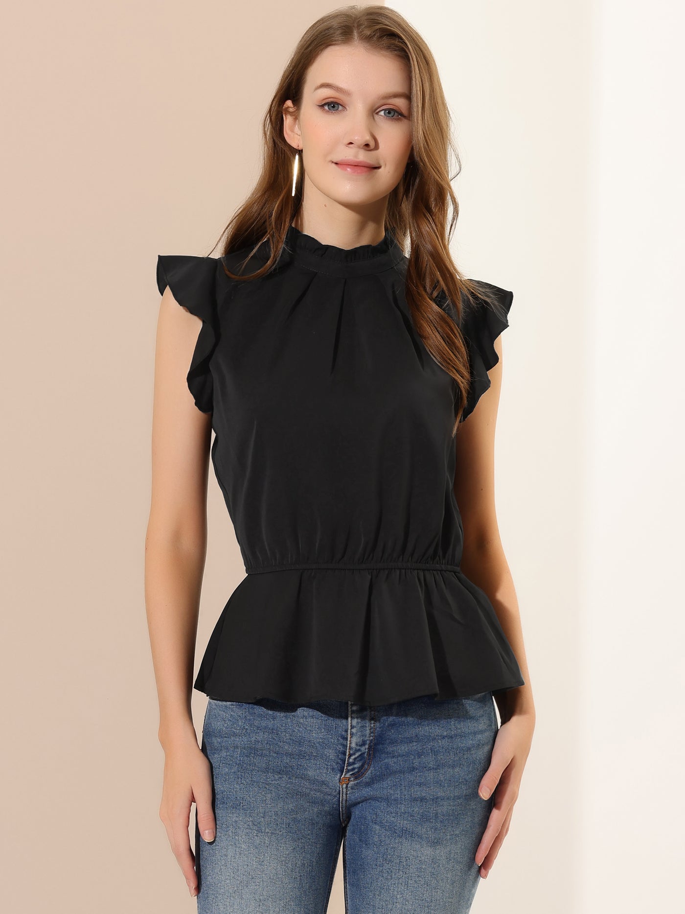 Allegra K Stand Collar Pleated Frilled Ruffles Solid Sleeveless Peplum Top