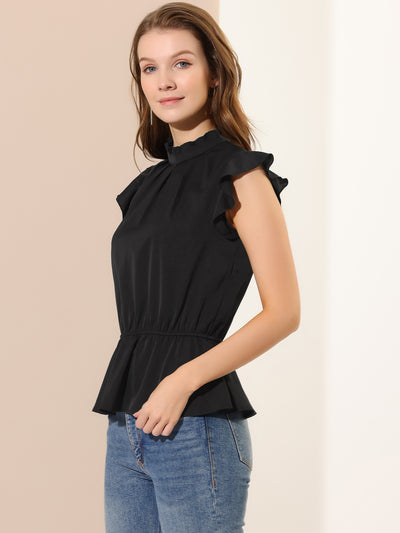 Stand Collar Pleated Frilled Ruffles Solid Sleeveless Peplum Top