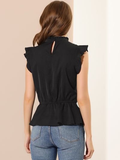 Stand Collar Pleated Frilled Ruffles Solid Sleeveless Peplum Top