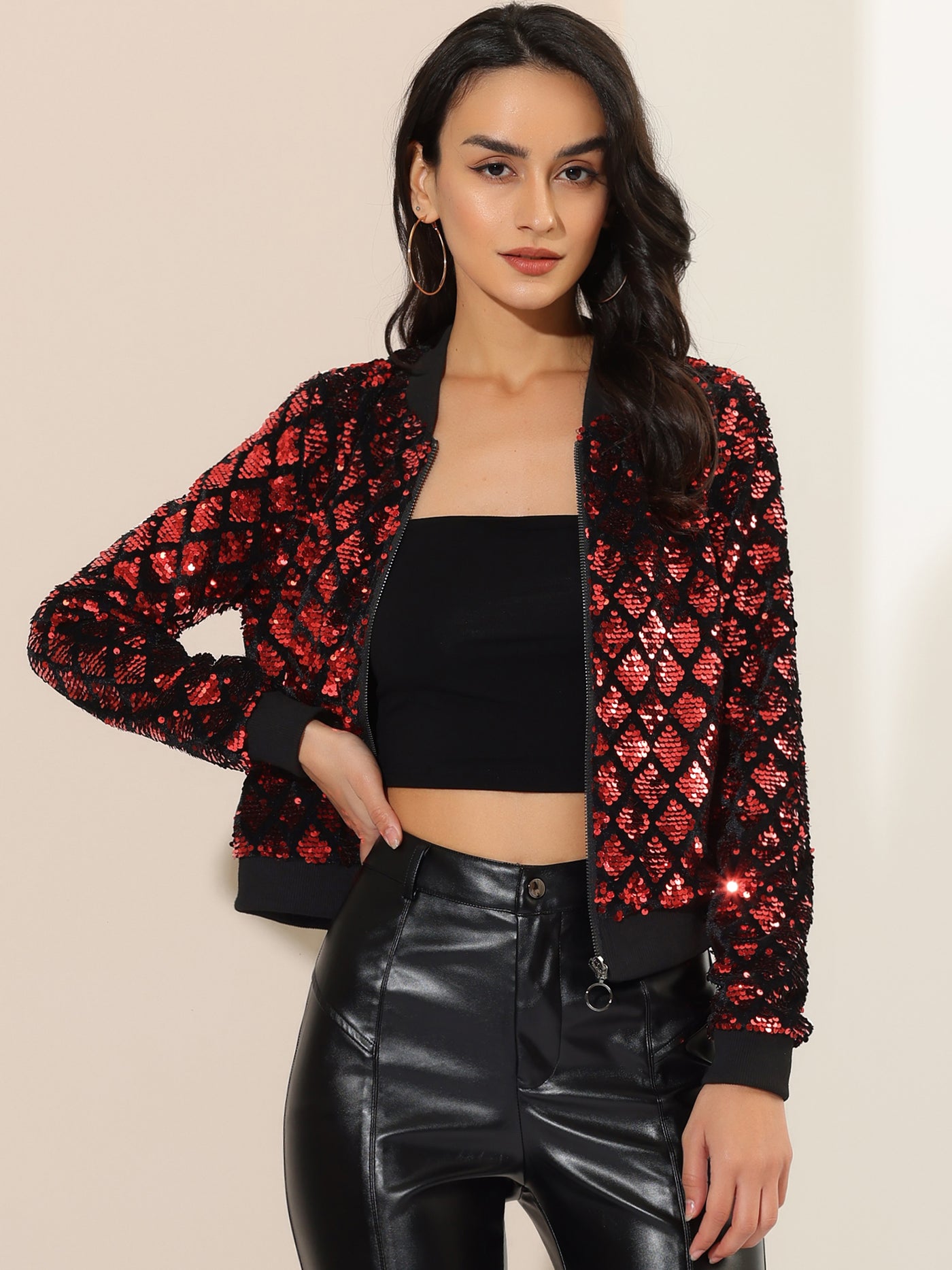 Allegra K Sequin Long Sleeve Zipper Up Glitter Bomber Jacket