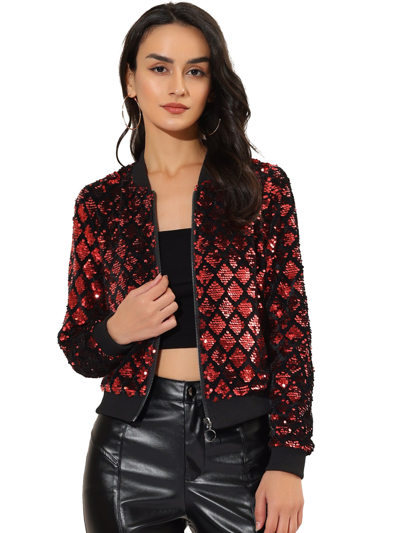 Allegra K Sequin Long Sleeve Zipper Up Glitter Bomber Jacket