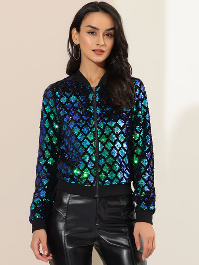 Sequin Long Sleeve Zipper Up Glitter Bomber Jacket