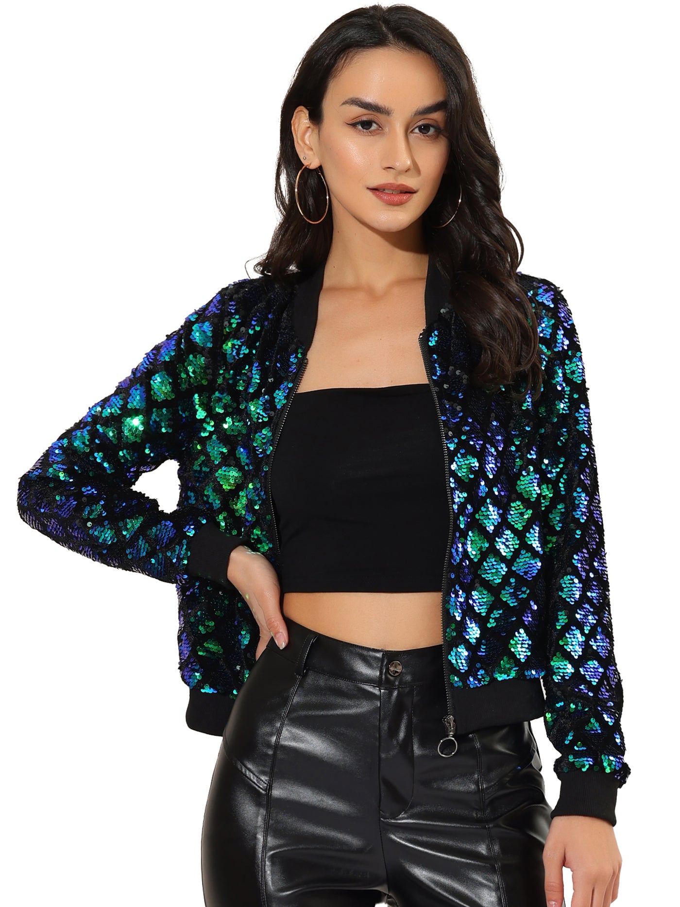 Allegra K Sequin Long Sleeve Zipper Up Glitter Bomber Jacket