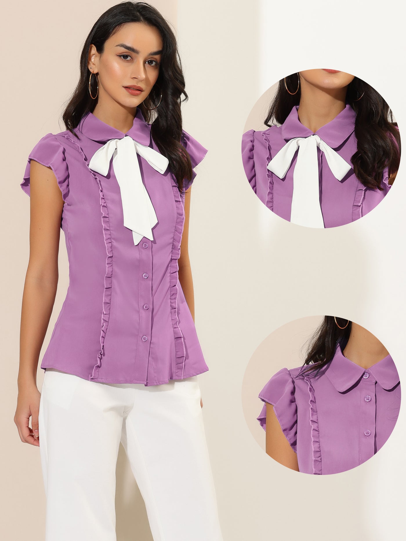 Allegra K Ruffle Cap Sleeve Tie Neck Button Up Peter Pan Collar Blouse