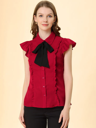 Ruffle Cap Sleeve Tie Neck Button Up Peter Pan Collar Blouse