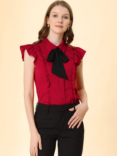 Ruffle Cap Sleeve Tie Neck Button Up Peter Pan Collar Blouse