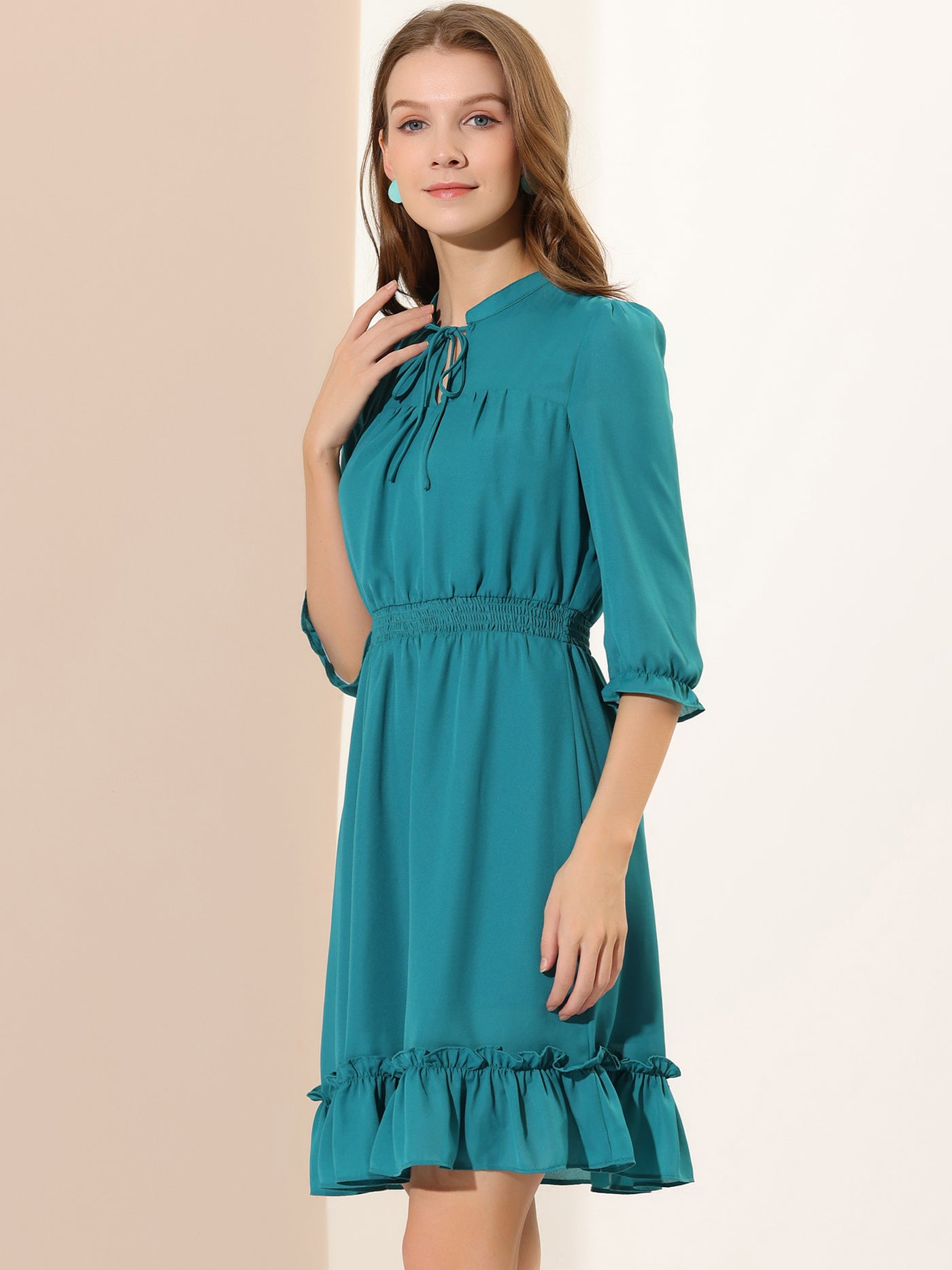 Allegra K Ruffle Hem 3/4 Sleeve A-Line Smocked Midi Chiffon Dress