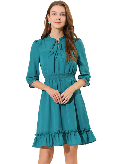 Ruffle Hem 3/4 Sleeve A-Line Smocked Midi Chiffon Dress