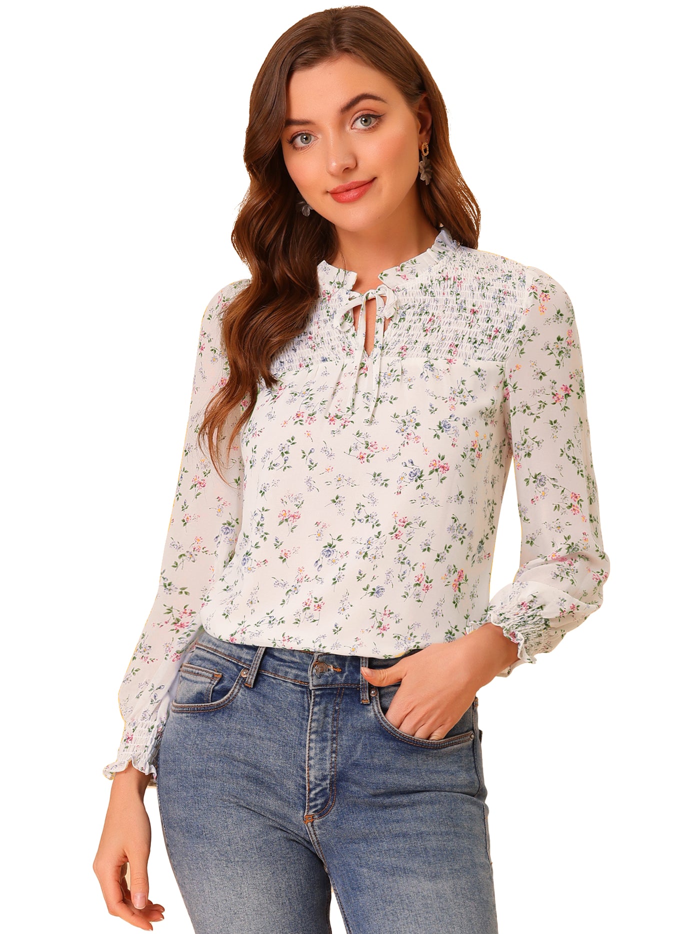 Allegra K Ruffled Long Sleeve Pleated Front Floral Blouse Top