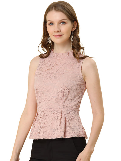 Lace Floral Ruffle Neck Keyhole Back Sleeveless Peplum Top