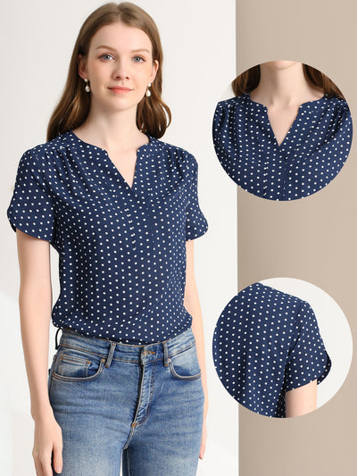 Polka Dots Print V Neck Short Sleeve Elegant Work Office Tops