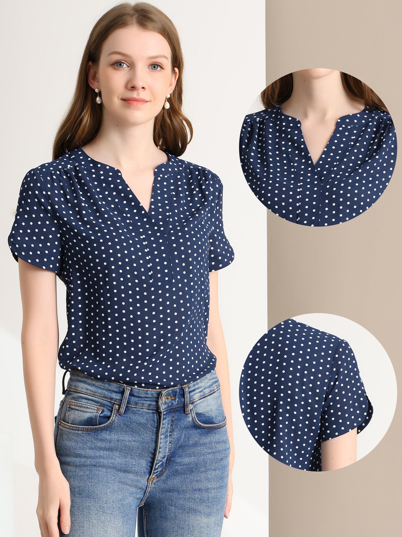 Allegra K Polka Dots Print V Neck Short Sleeve Elegant Work Office Tops