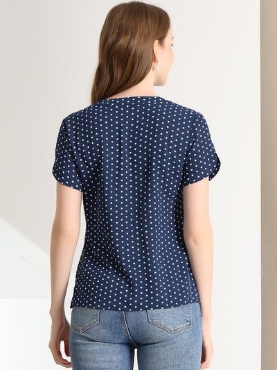 Polka Dots Print V Neck Short Sleeve Elegant Work Office Tops