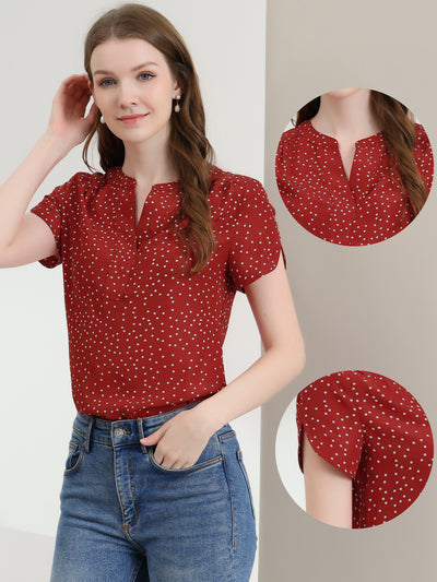 Polka Dots Print V Neck Short Sleeve Elegant Work Office Tops