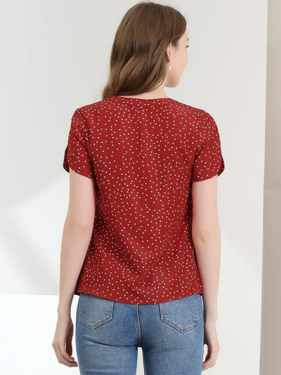 Polka Dots Print V Neck Short Sleeve Elegant Work Office Tops