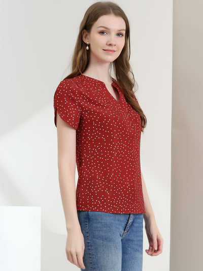 Polka Dots Print V Neck Short Sleeve Elegant Work Office Tops